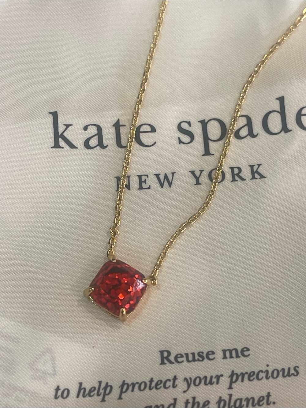 kate spade Gold Necklace with Red Cushion Crystal Pendant